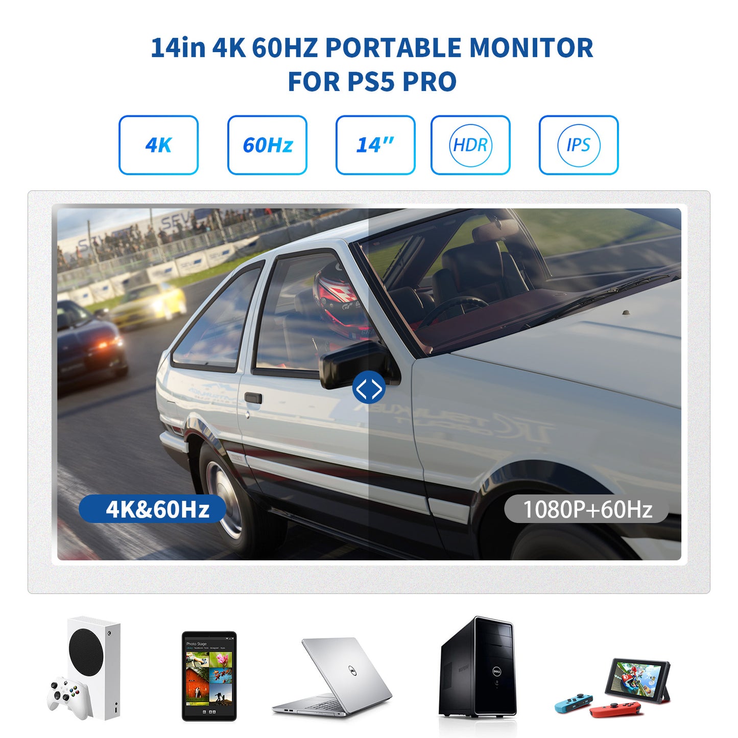 G-STORY 14" Inch IPS 4k 60Hz Portable Monitor Gaming Display Integrated with PS5 pro(not Included)