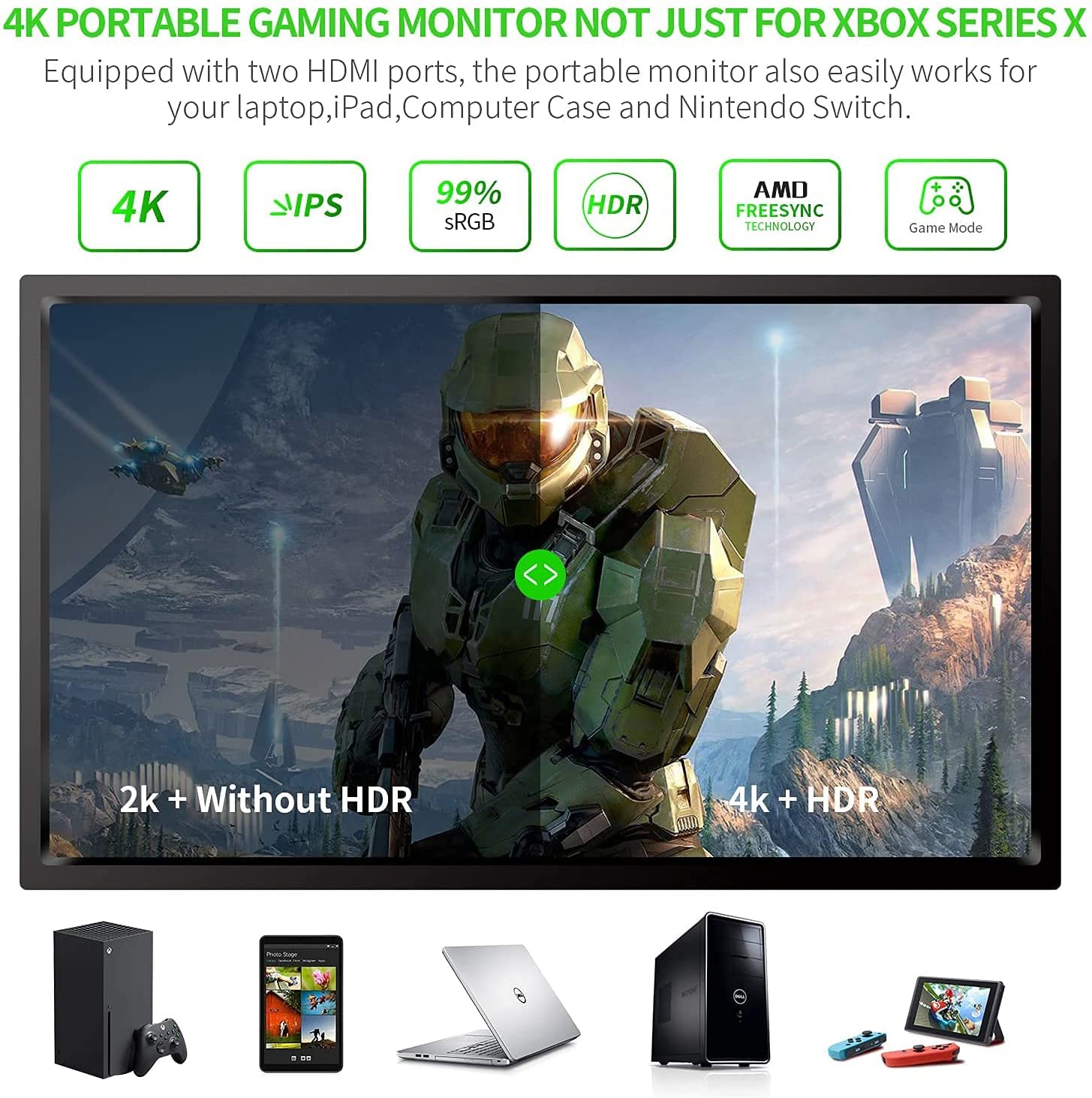 G-STORY 14'' Portable Monitor for Xbox Series X 4K Portable Gaming Monitor  IPS Screen for Xbox Series S（not Included） with Two HDMI, HDR, Freesync